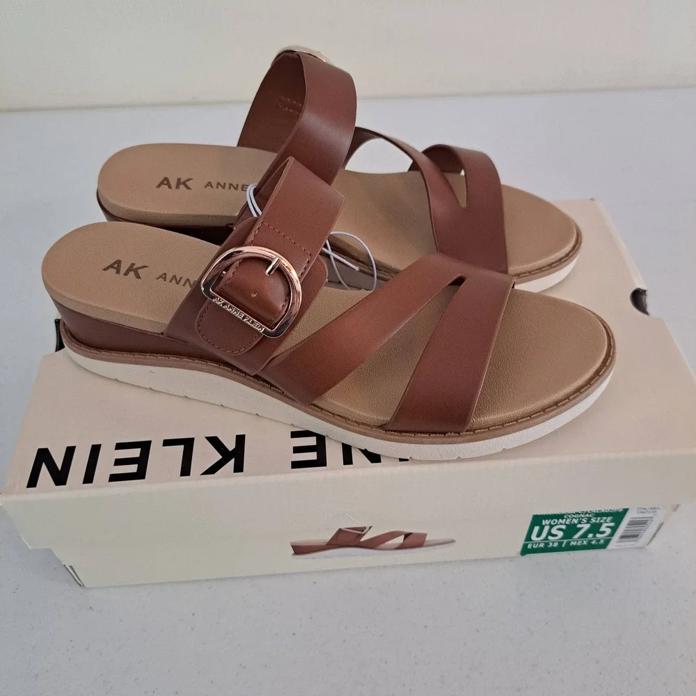 Anne Klein iFlex Wedge Sandals Womens 7.5 Cognac New Buckle Strappy 1247-630